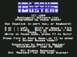 BlockBuster title screen for Commodore 64